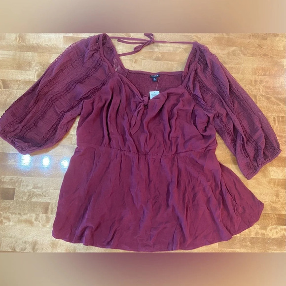 TORRID 3/4 Sleeve Zinfandel Red Blouse Tie Back and Front Plus Size 4X NWT - Picture 4 of 9